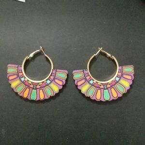 Gold Tone Multi Color Rainbow Geometric Hoop Wooden Statement Earrings